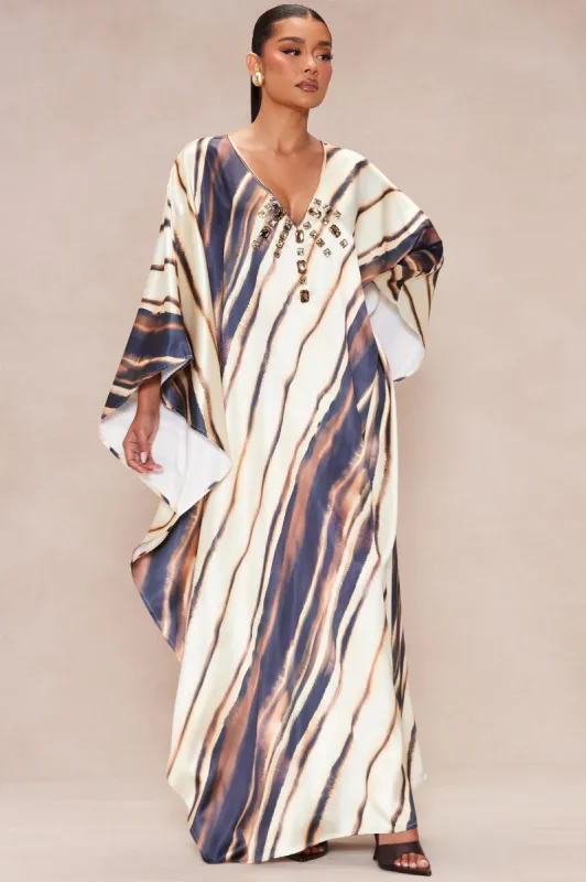 Olivia Embellished Satin Kaftan - Brown/combo sold by Fashion Nova
