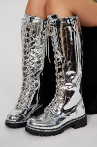 Feeling A Way Knee High Combat Boots - Silver sold by Fashion Nova