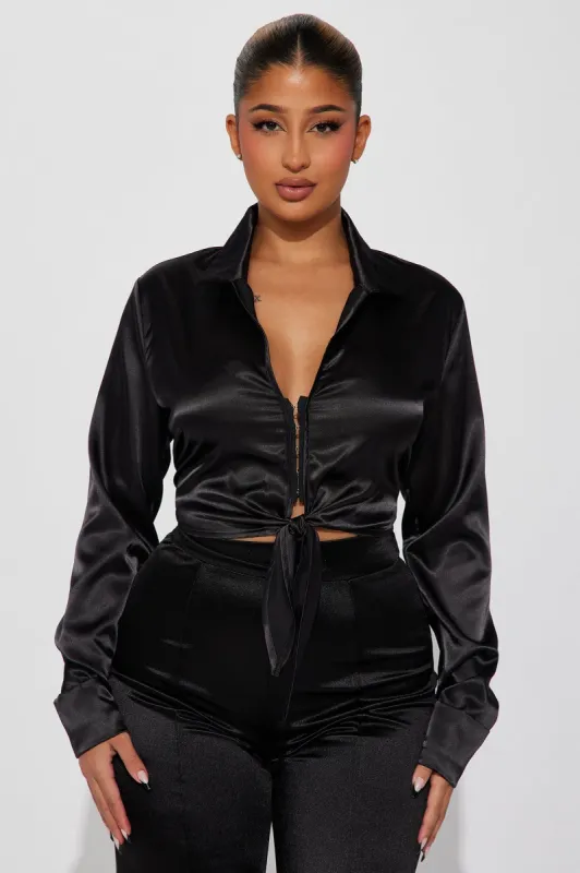 Dinner Party Satin Blouse Top - Black sold by Fashion Nova