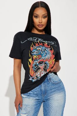 Light My Fire Ed Hardy Rhinestone Tee - Black sold by Fashion Nova