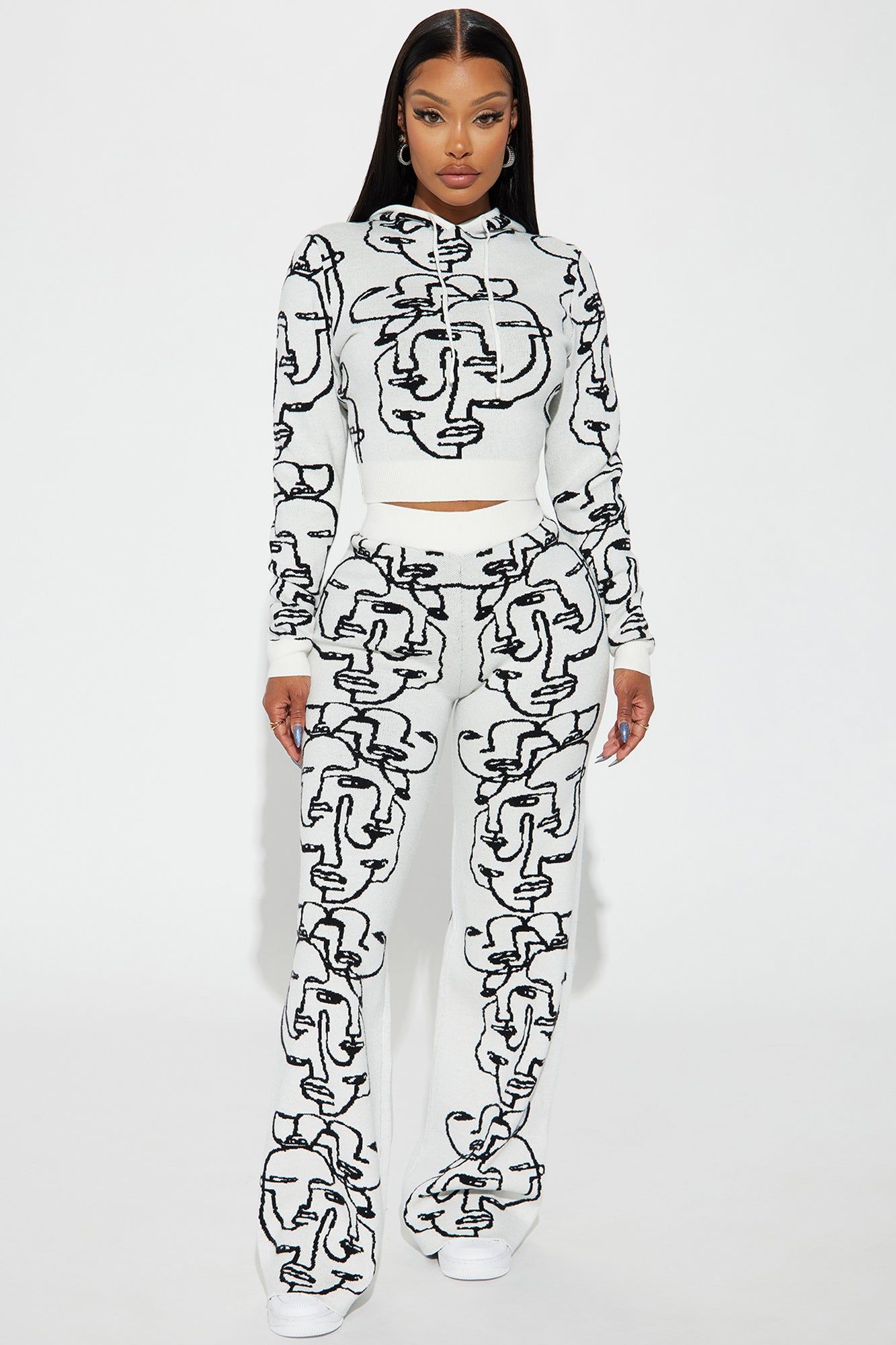 Too Many Faces Sweater Pant Set - Black/White sold by Fashion Nova