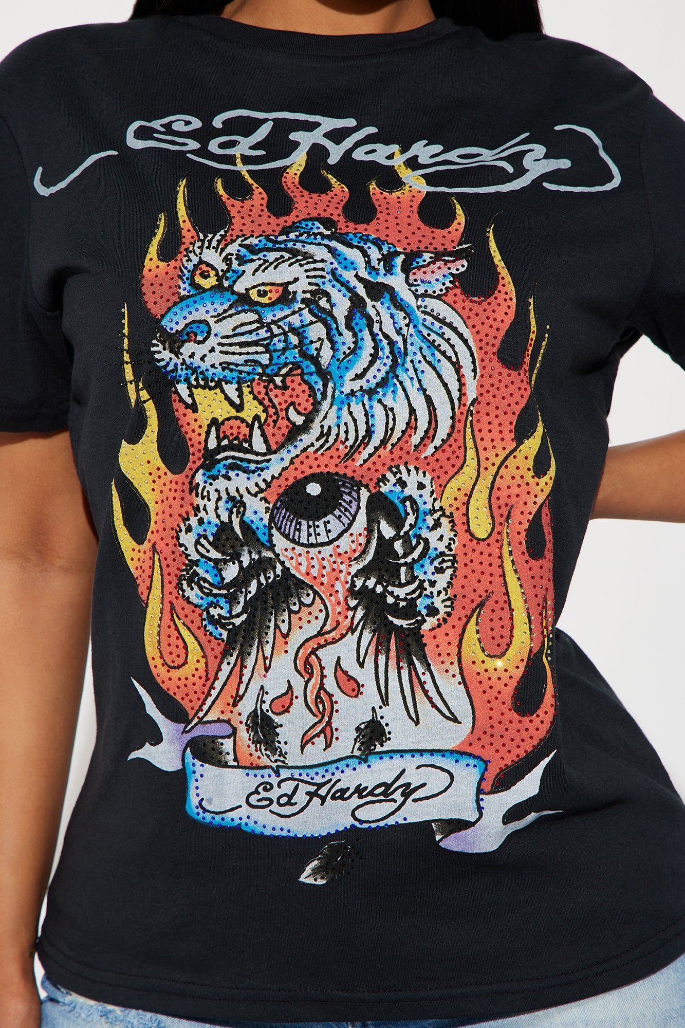 Light My Fire Ed Hardy Rhinestone Tee - Black sold by Fashion Nova product image thumbnail 3