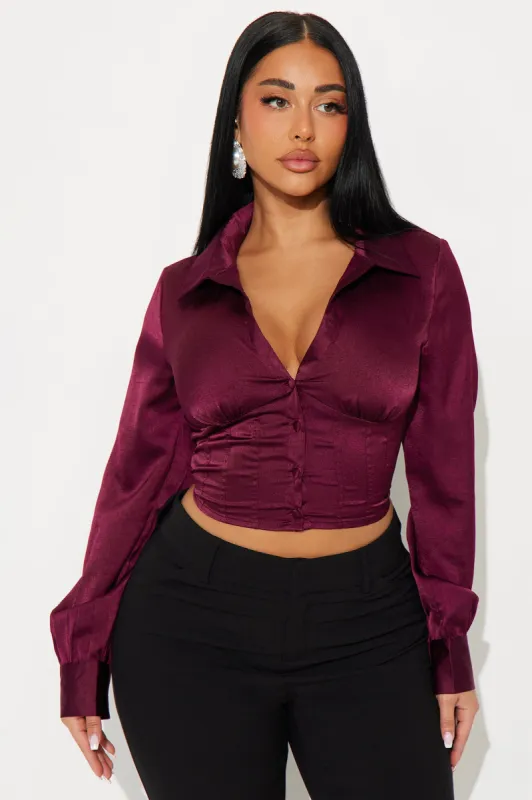 Only Exception Lace Up Satin Shirt - Wine sold by Fashion Nova