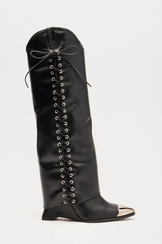 Emberly Overlay Knee High Boots - Black sold by Fashion Nova