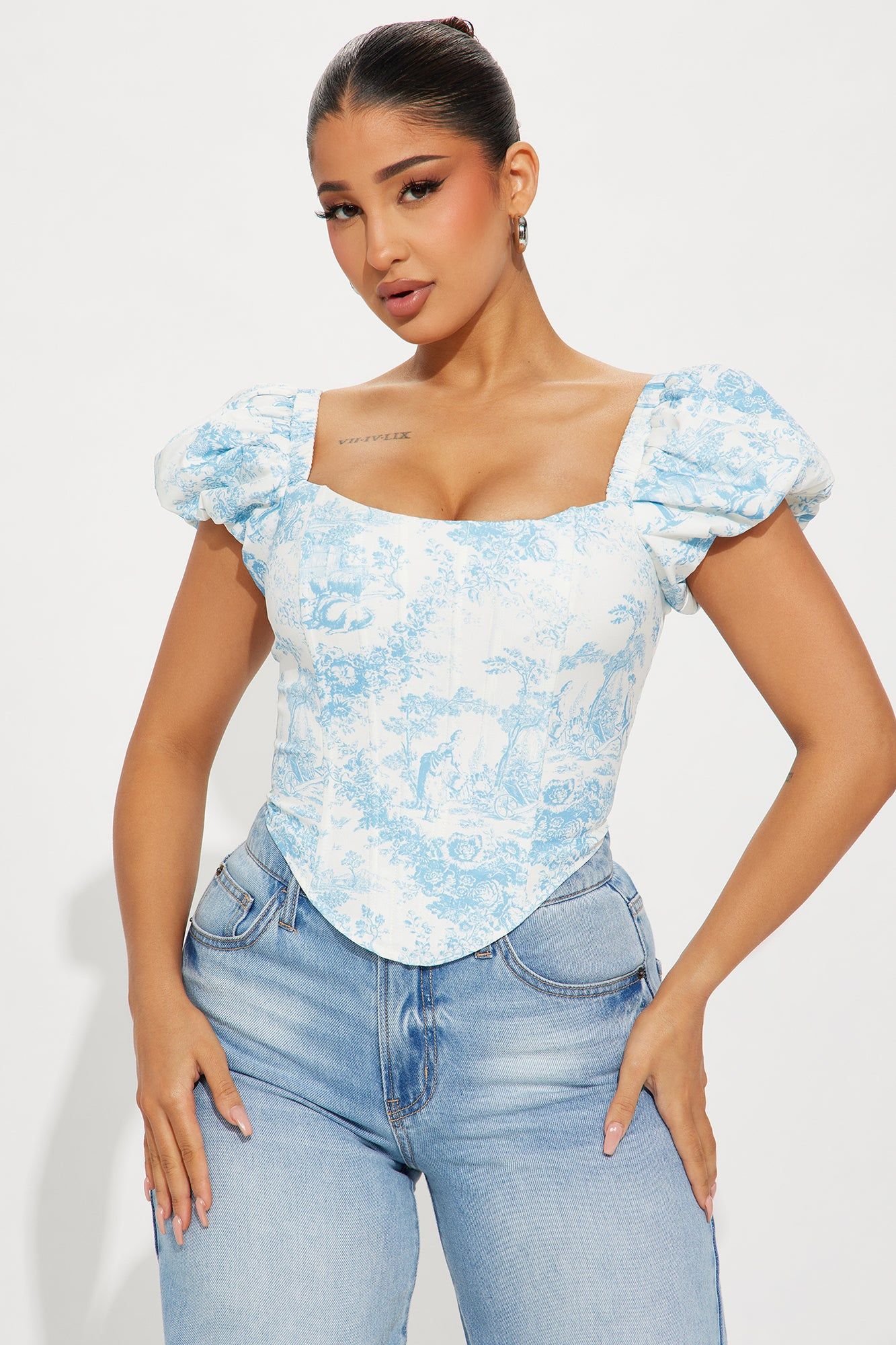 Small Town Girl Toile Corset Top - Blue/combo sold by Fashion Nova