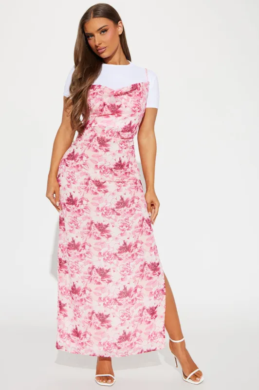 Ellie Chiffon Printed Maxi Dress - Pink/combo sold by Fashion Nova