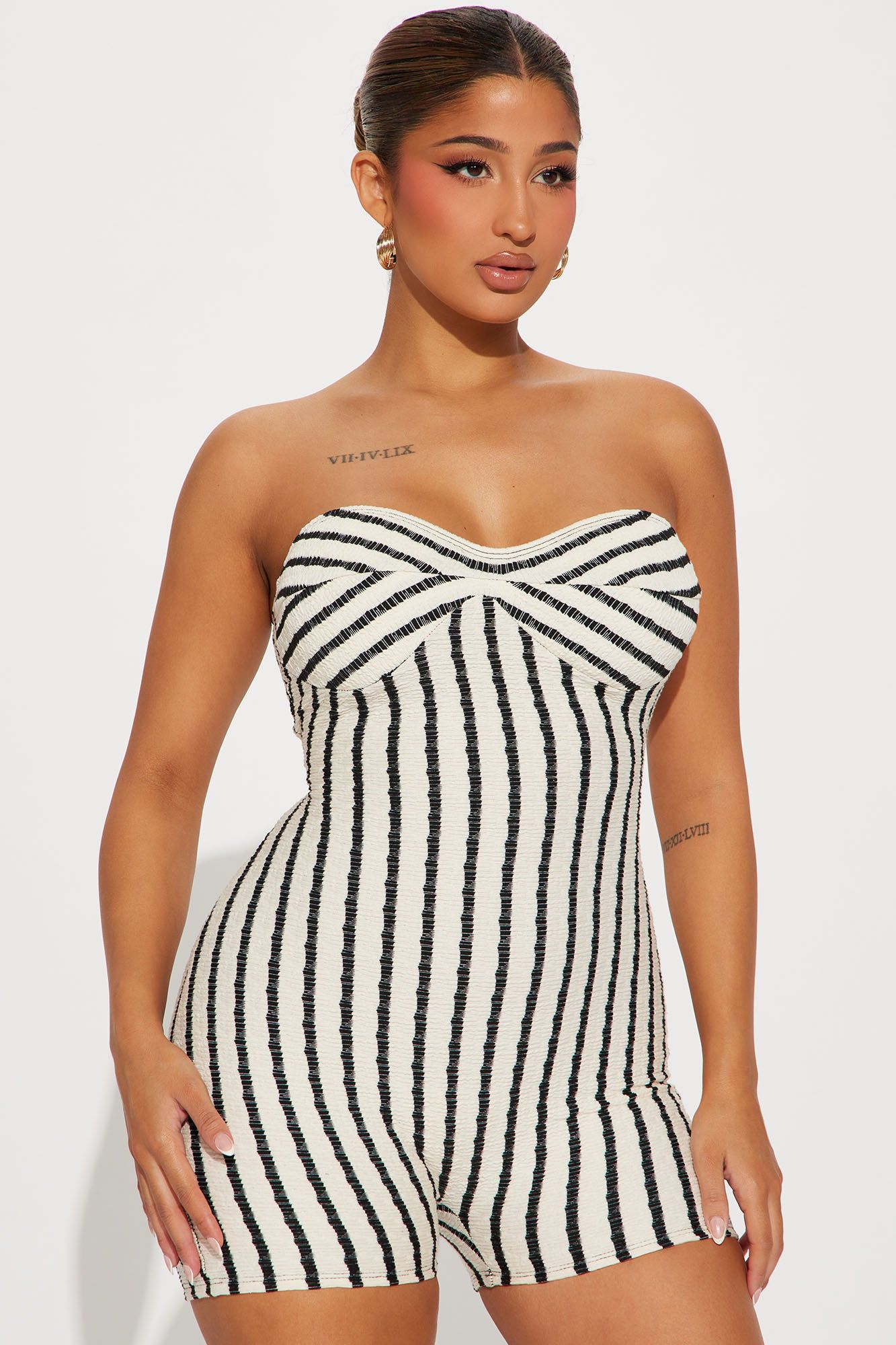 Reverie Striped Romper - White/Black sold by Fashion Nova