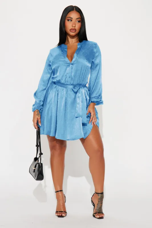 Boardroom Beauty Mini Shirt Dress - Blue sold by Fashion Nova