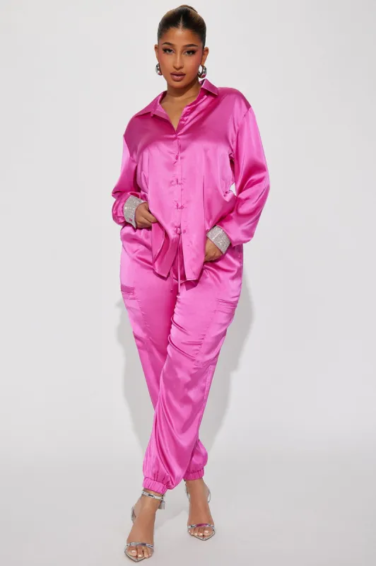 Make It Bling Satin Jogger Set - Hot Pink sold by Fashion Nova