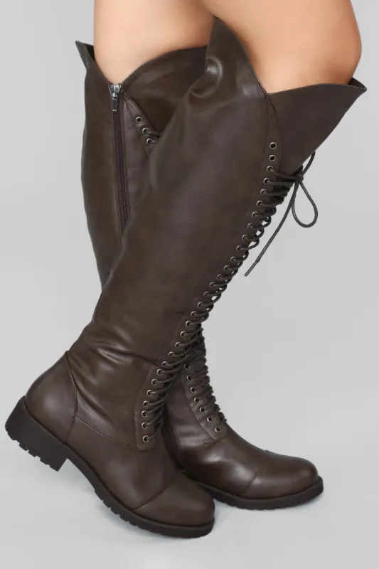 Too Much Talk Flat Boot - Brown sold by Fashion Nova