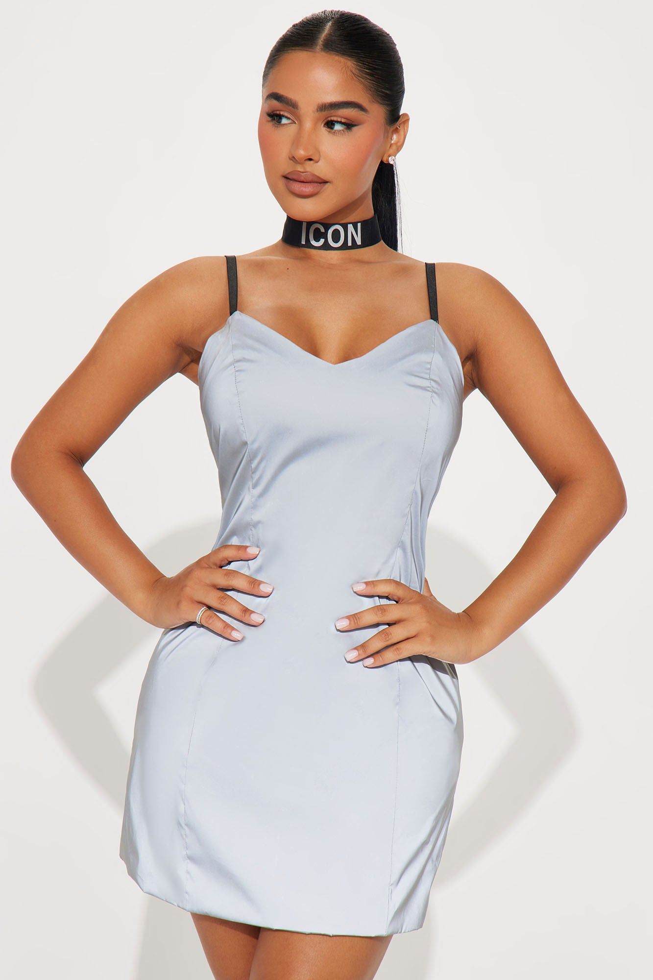 Iconic Reflective Mini Dress Set - Silver sold by Fashion Nova