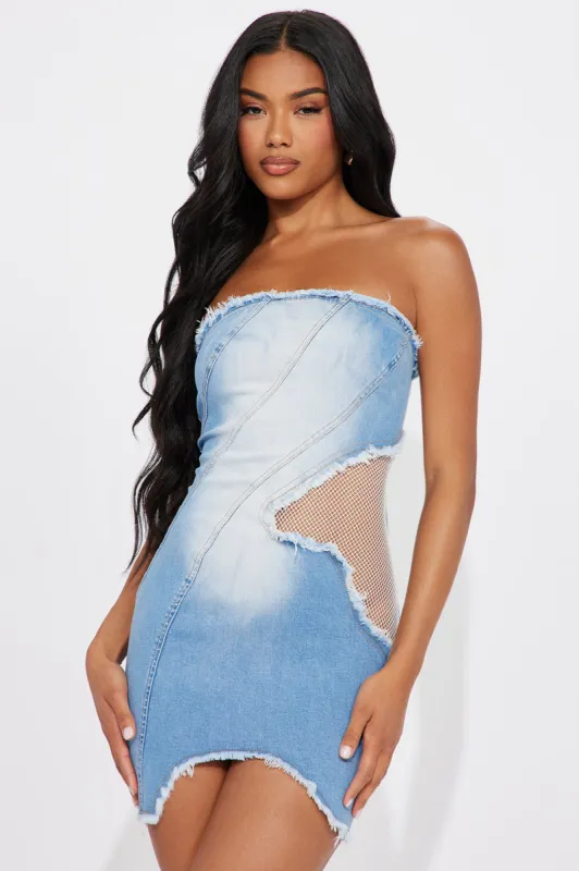 Shred It and Forget It Denim Mini Dress - Medium Wash sold by Fashion Nova