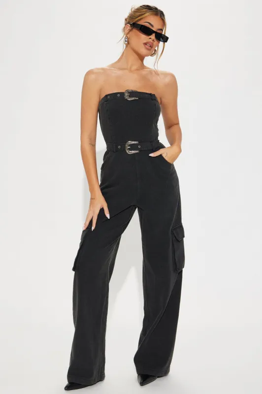 Be Somebody Denim Jumpsuit  - Charcoal sold by Fashion Nova