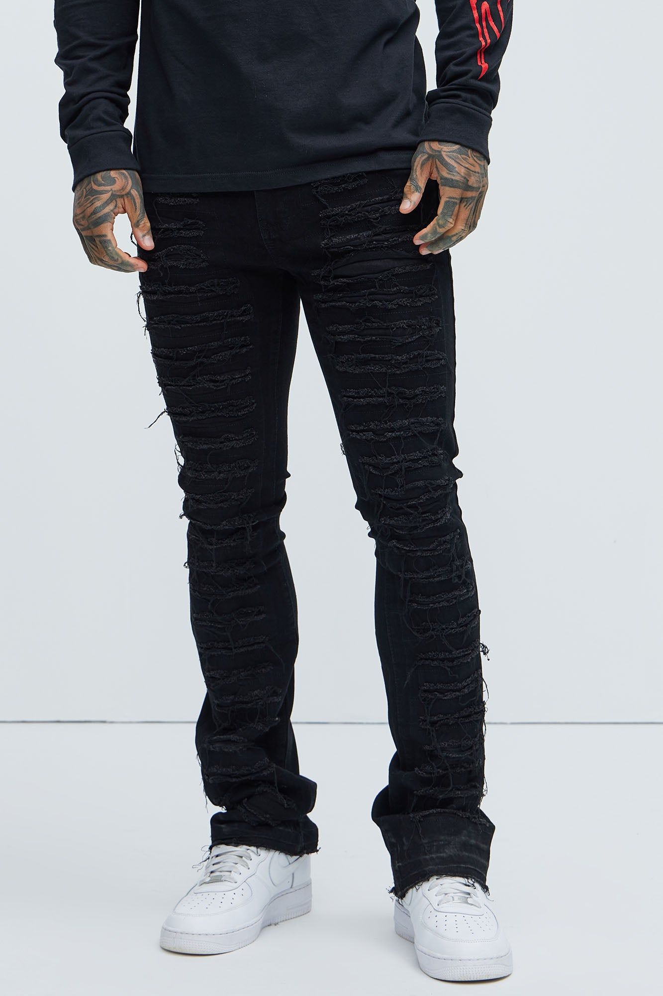 Got Me Destroyed Stacked Skinny Flare Jeans - Black | Parallel