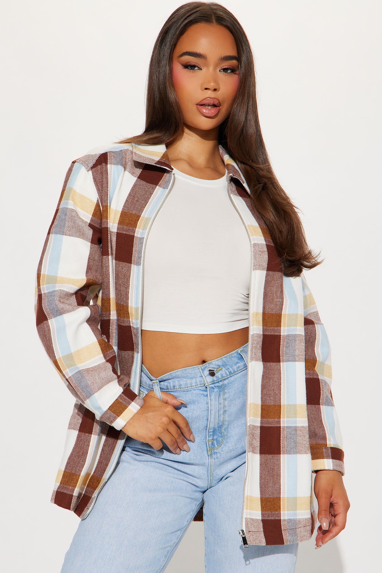 Check Mate Plaid Shacket - Brown Combo sold by Fashion Nova