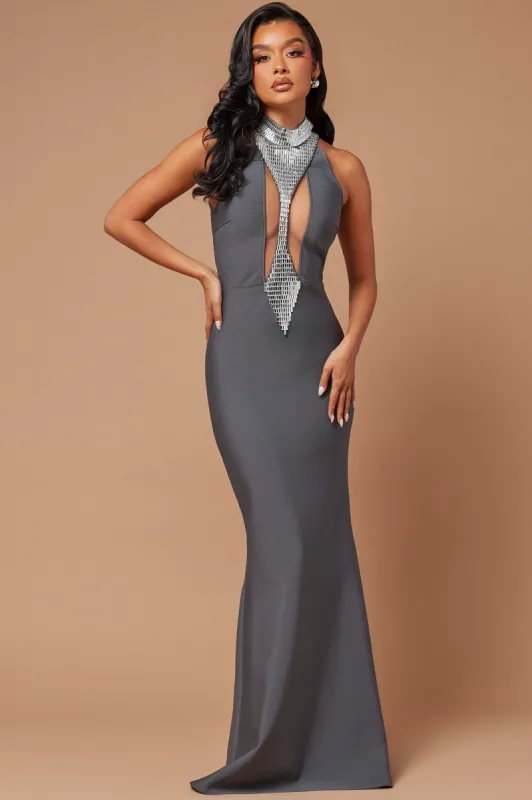 Aeryn Embellished Gown - Grey sold by Fashion Nova
