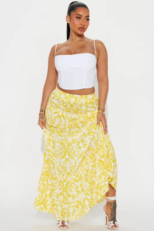 Chaya Baroque Tiered Maxi Skirt - Yellow/combo sold by Fashion Nova