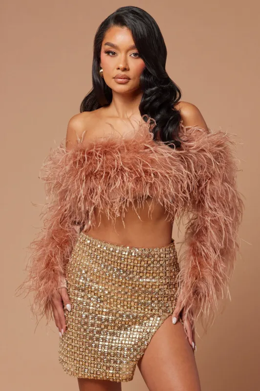 Kourt Feather Embellished Crop Top - Mocha sold by Fashion Nova