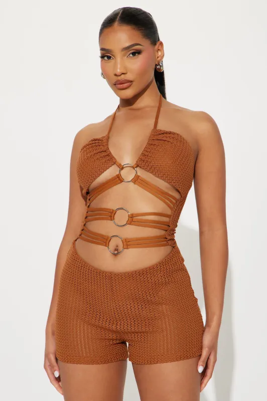 Beginning Of It All Crochet Romper - Rust sold by Fashion Nova