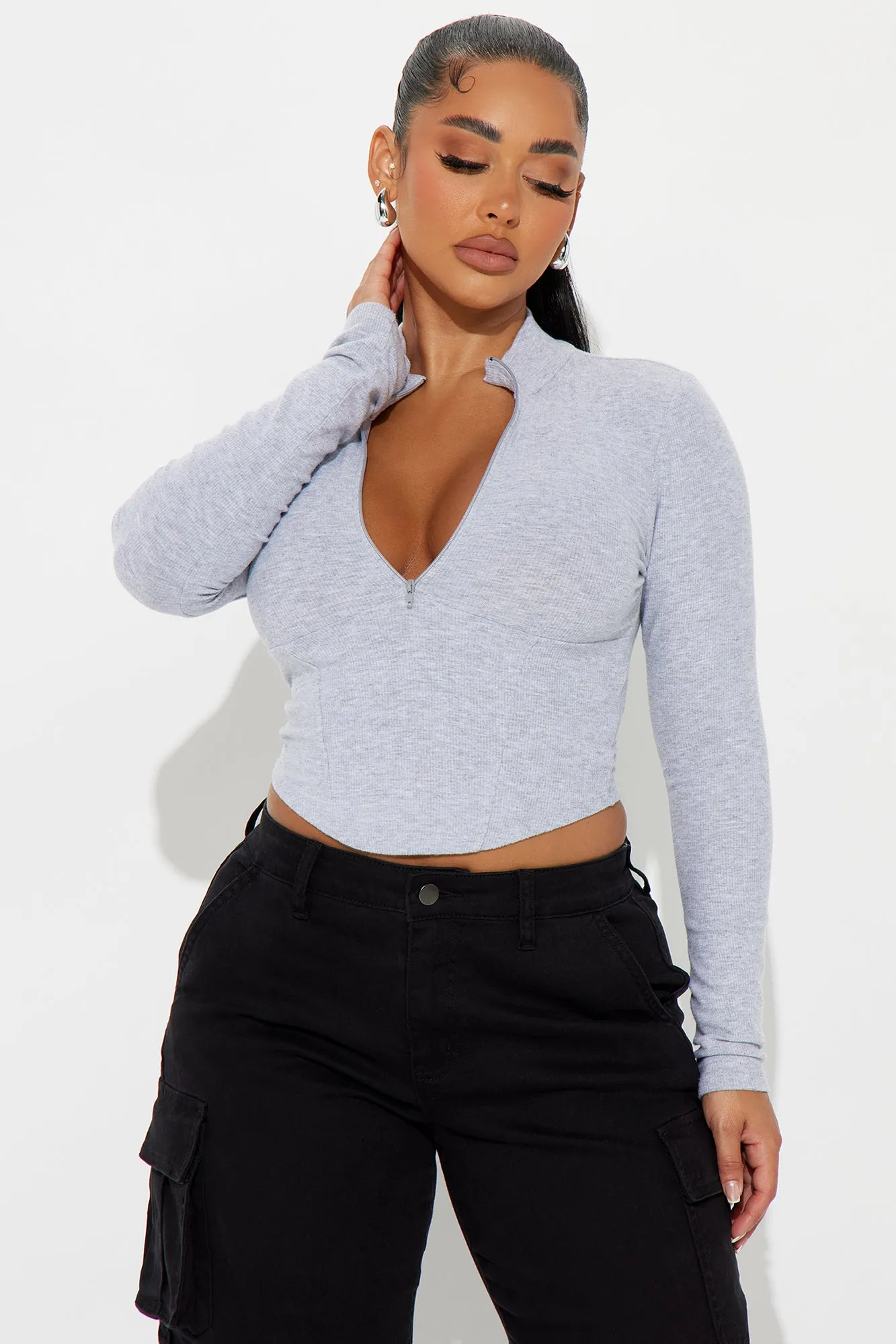 Heather Zip Down Top - Heathered Grey sold by Fashion Nova