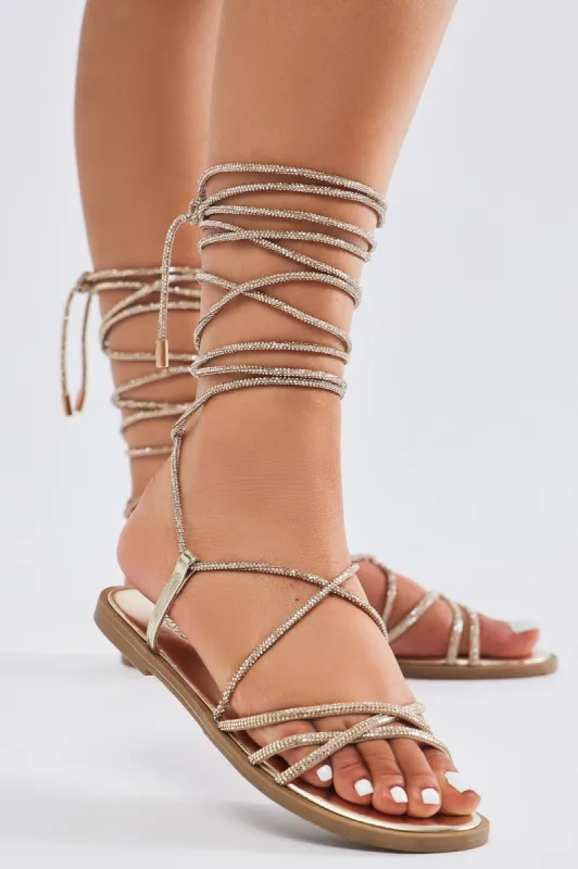 Sweetest Days Wrap Up Flat Sandals - Gold sold by Fashion Nova