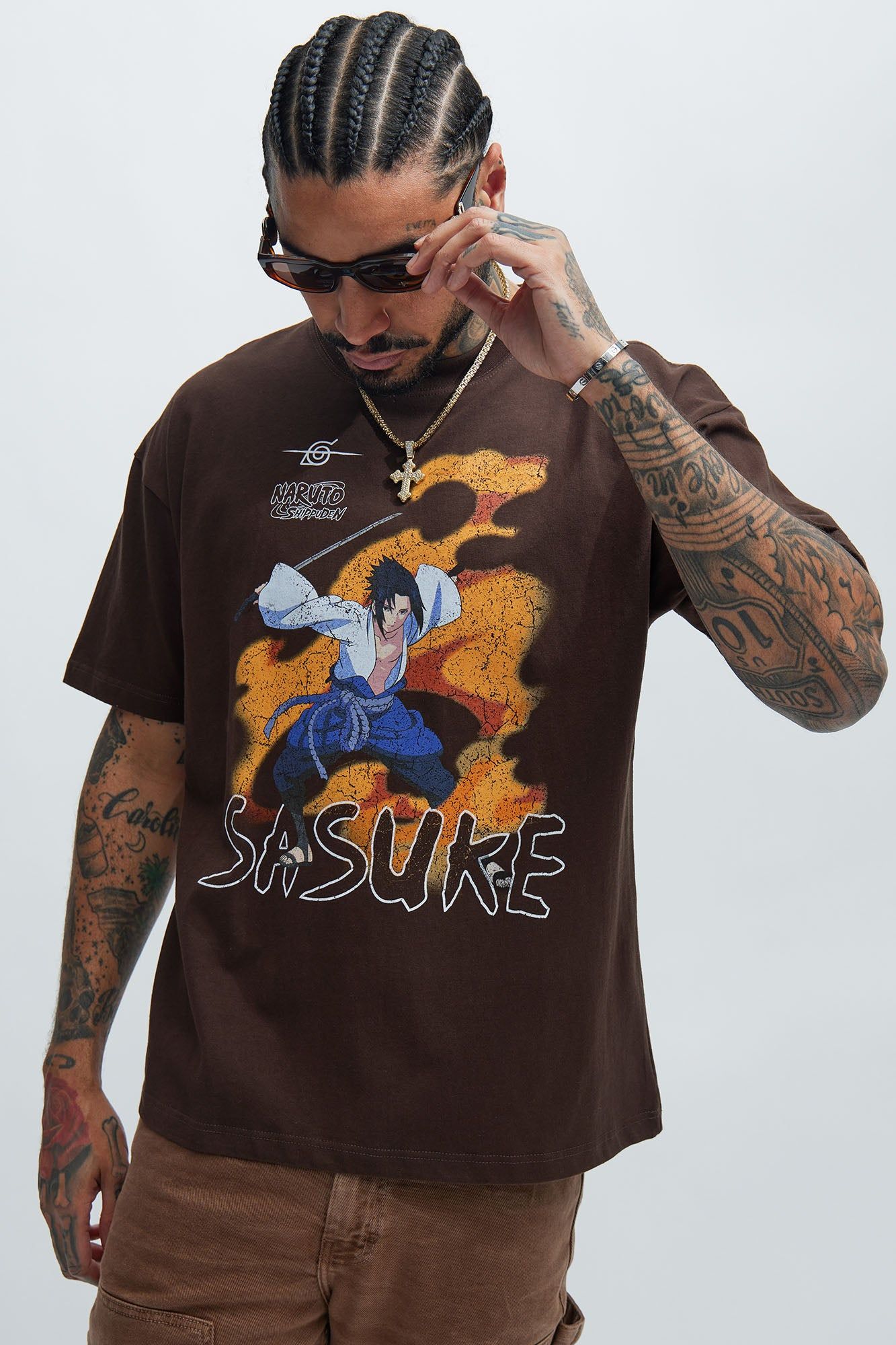 Naruto Sasuke Flames Boxy Short Sleeve Tee - Brown sold by Fashion Nova