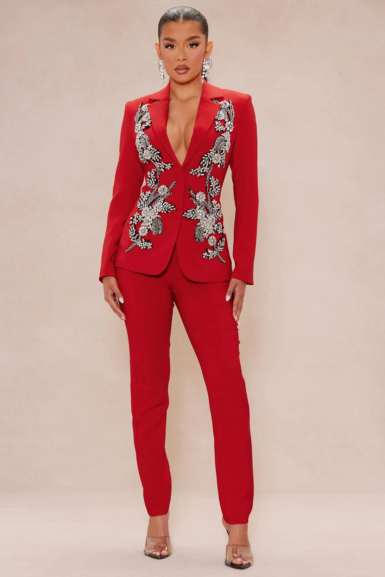 Elegant Embellished Blazer Suit Set - DarkRed | Parallel