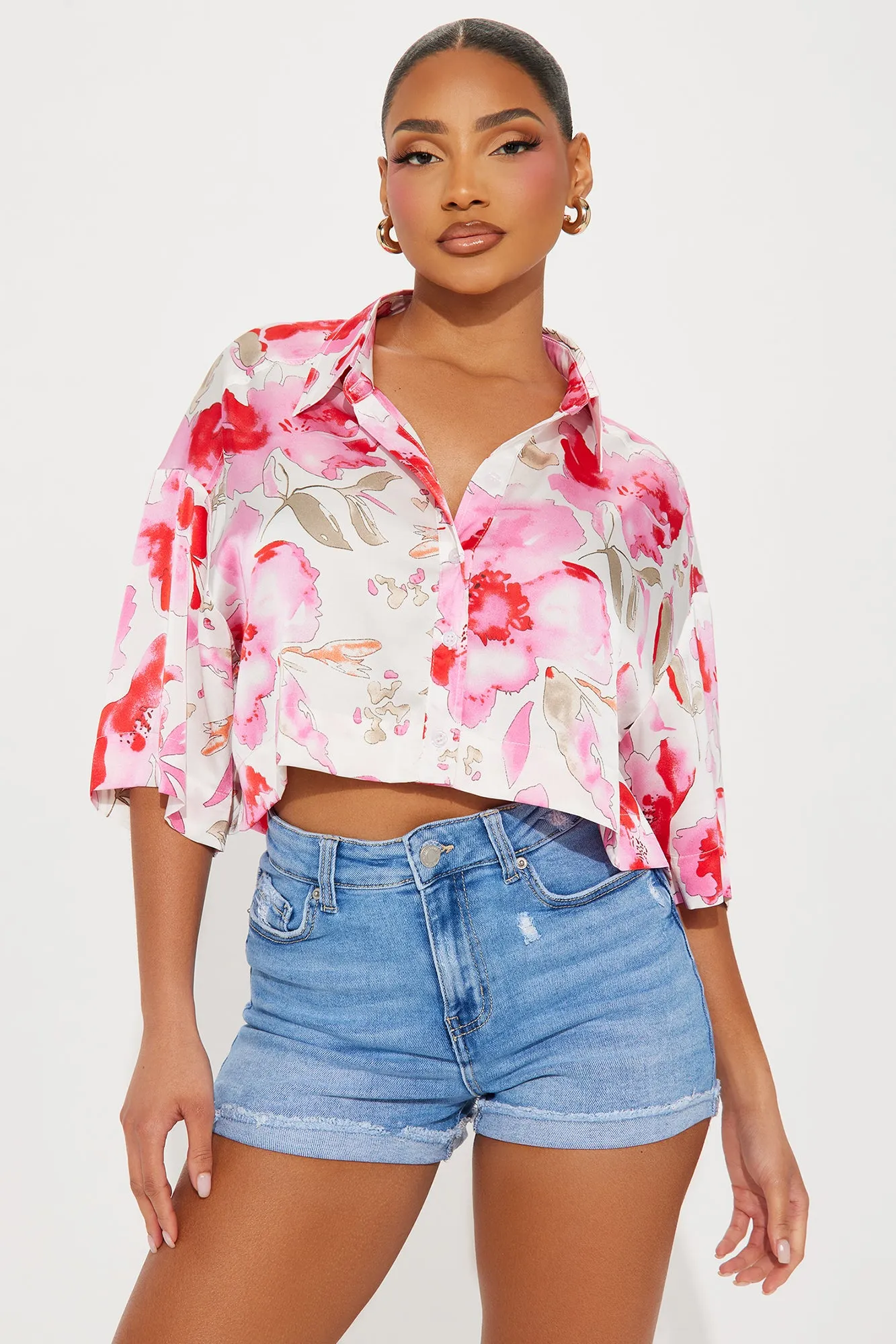 Summer Florals Satin Shirt - Ivory/combo sold by Fashion Nova