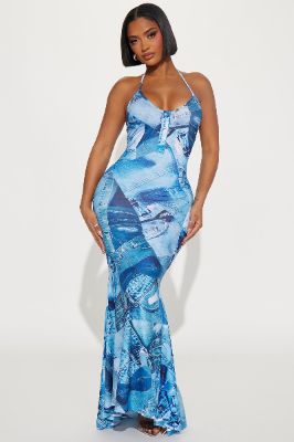 Lucie Denim Print Maxi Dress - Blue sold by Fashion Nova