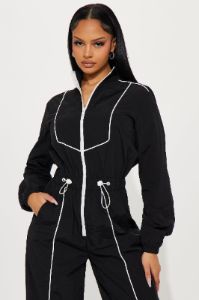 Sporty Love Windbreaker Jumpsuit - Black/White sold by Fashion Nova