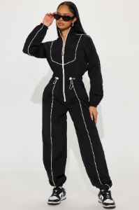 Sporty Love Windbreaker Jumpsuit - Black/White sold by Fashion Nova
