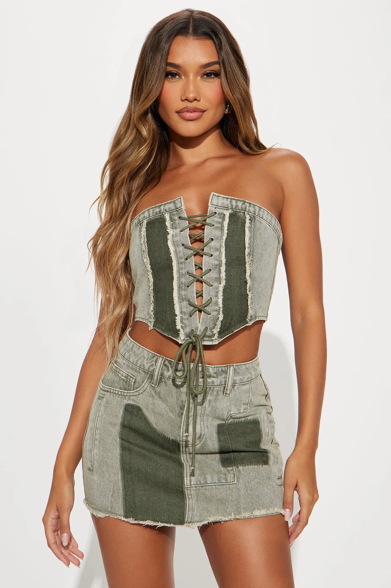 One Chance Denim Skirt Set - Olive sold by Fashion Nova