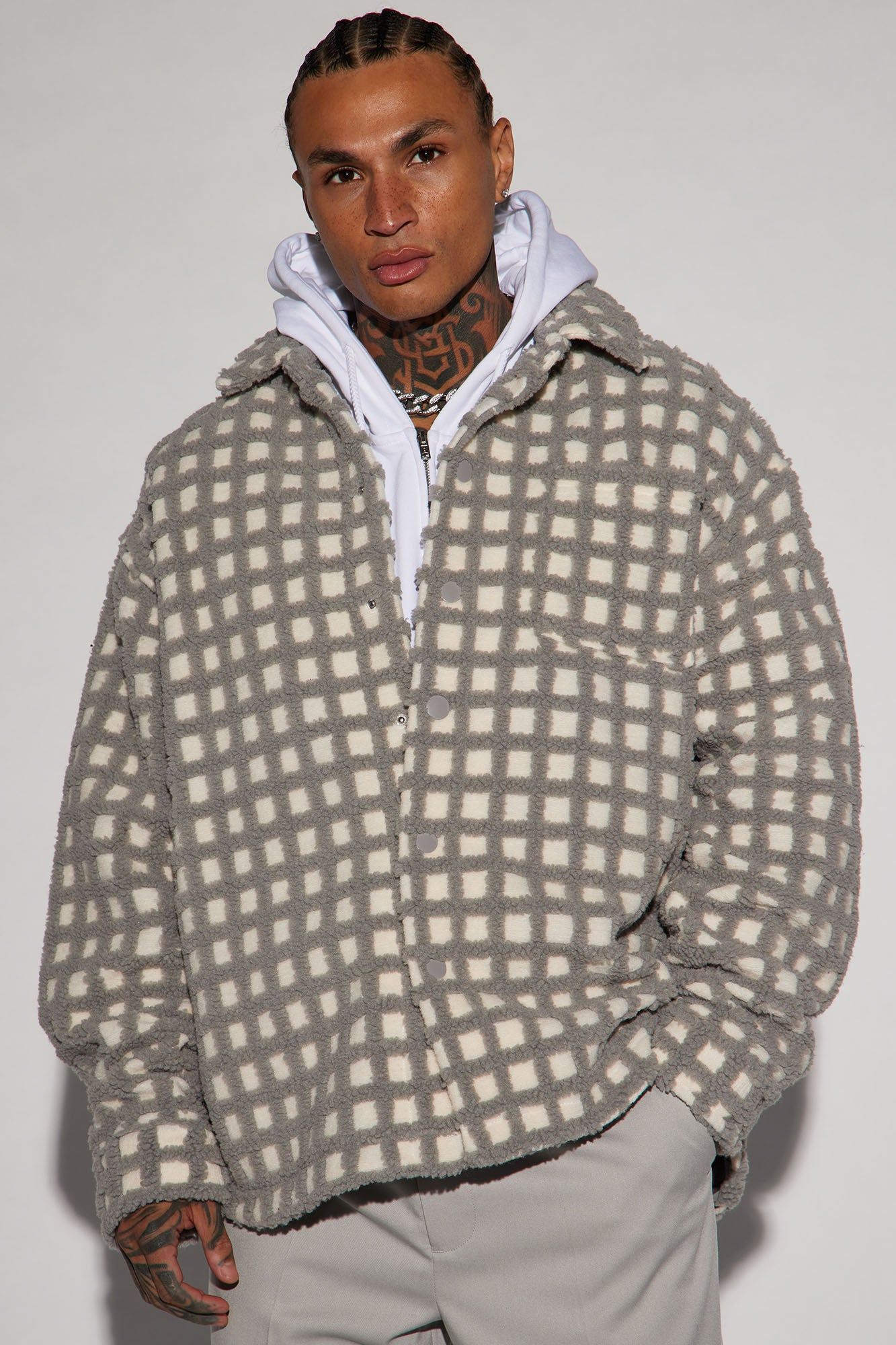 Checkmate Sherpa Shacket - Grey sold by Fashion Nova