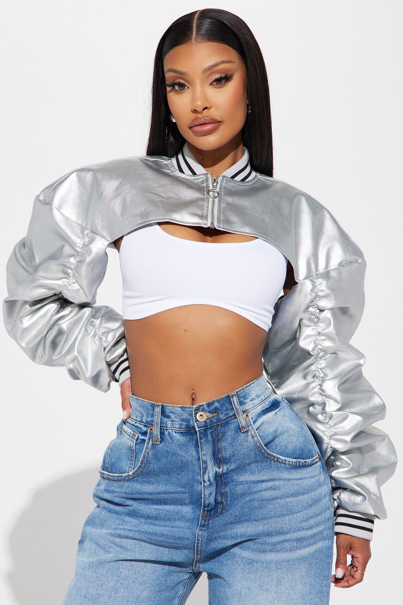 Break The Rules Cropped Jacket - Silver sold by Fashion Nova
