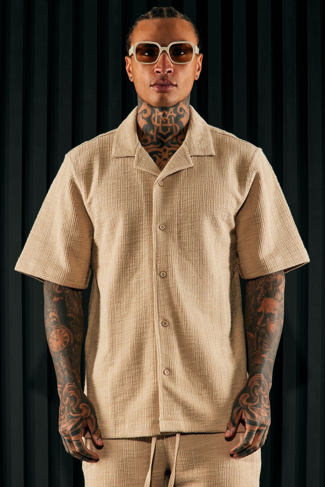 Dean Textured Short Sleeve Button Up Shirt - Tan sold by Fashion Nova