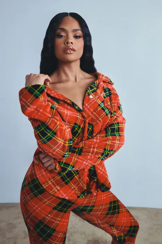 By The Fireplace Plush PJ Pant Set - Red/combo sold by Fashion Nova