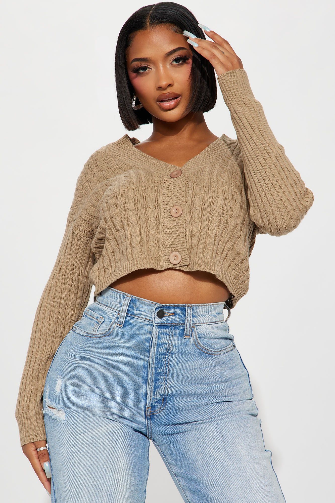 Frankie Cable Knit Cardigan Sweater - Khaki sold by Fashion Nova