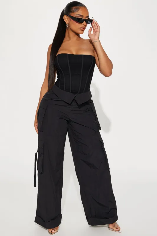 A Little Too Late Cargo Jumpsuit - Black sold by Fashion Nova