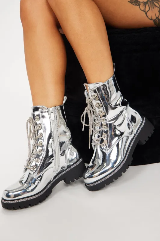 No Setbacks Combat Booties - Silver sold by Fashion Nova