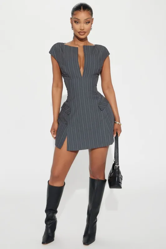 Ms.Confident Pinstripe Mini Dress - Charcoal sold by Fashion Nova