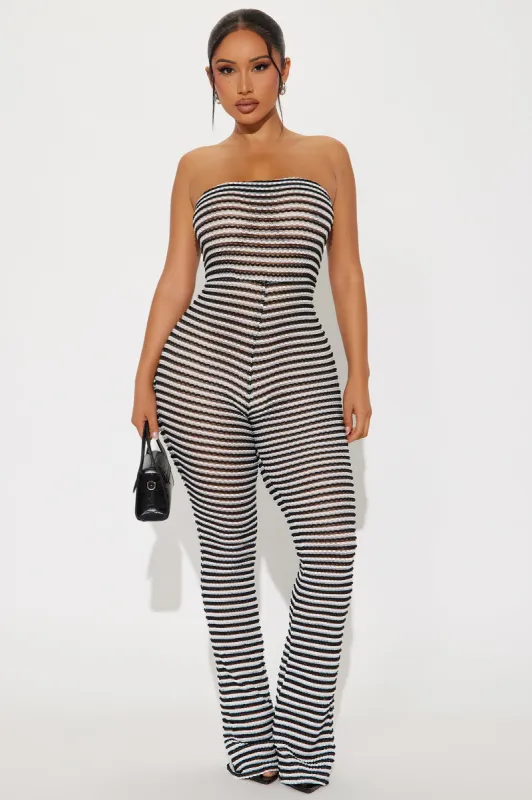 Side By Side Crochet Jumpsuit - Black/White sold by Fashion Nova