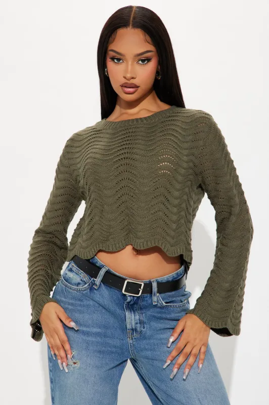 Ride My Wave Pointelle Sweater - Olive sold by Fashion Nova