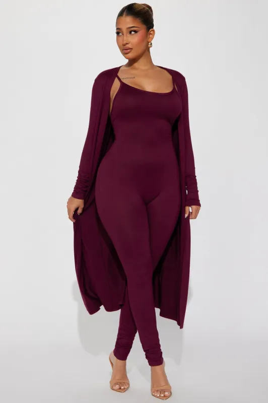 Show Me Comfort Jumpsuit - Wine sold by Fashion Nova