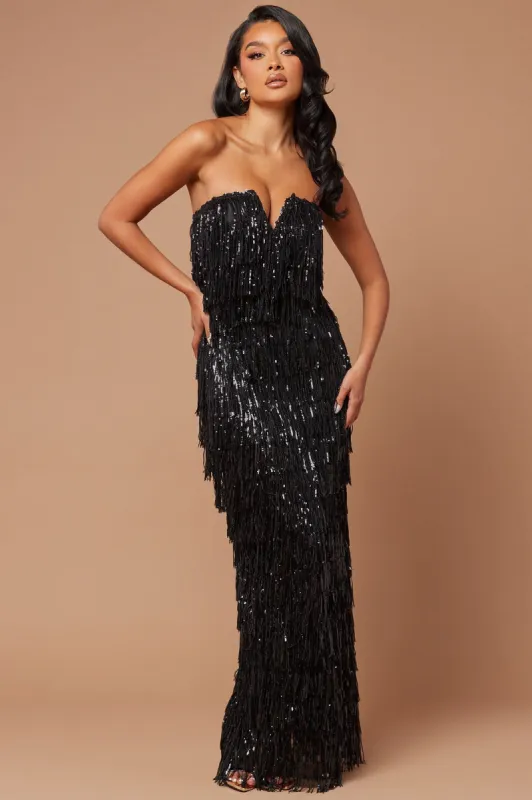 Chantilly Sequin Fringe Maxi Dress - Black sold by Fashion Nova