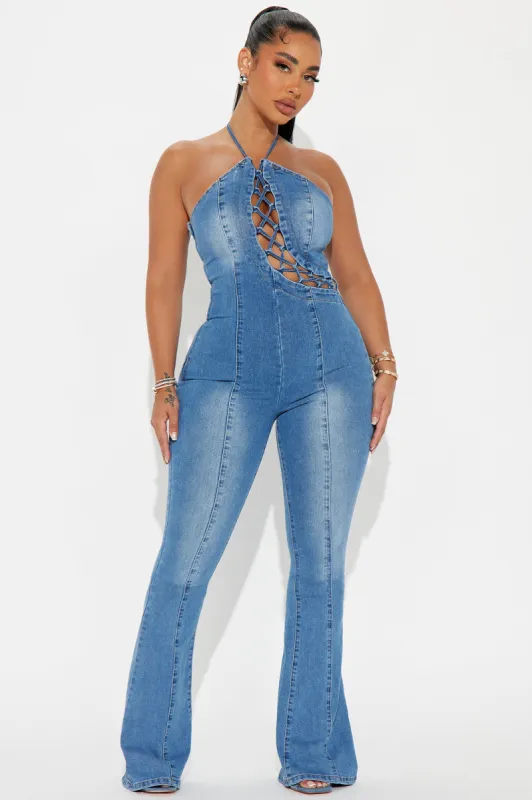 Bad Gal Denim Jumpsuit - Medium Wash sold by Fashion Nova