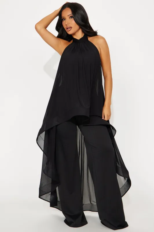 More Drama Mesh Overlay Jumpsuit - Black sold by Fashion Nova