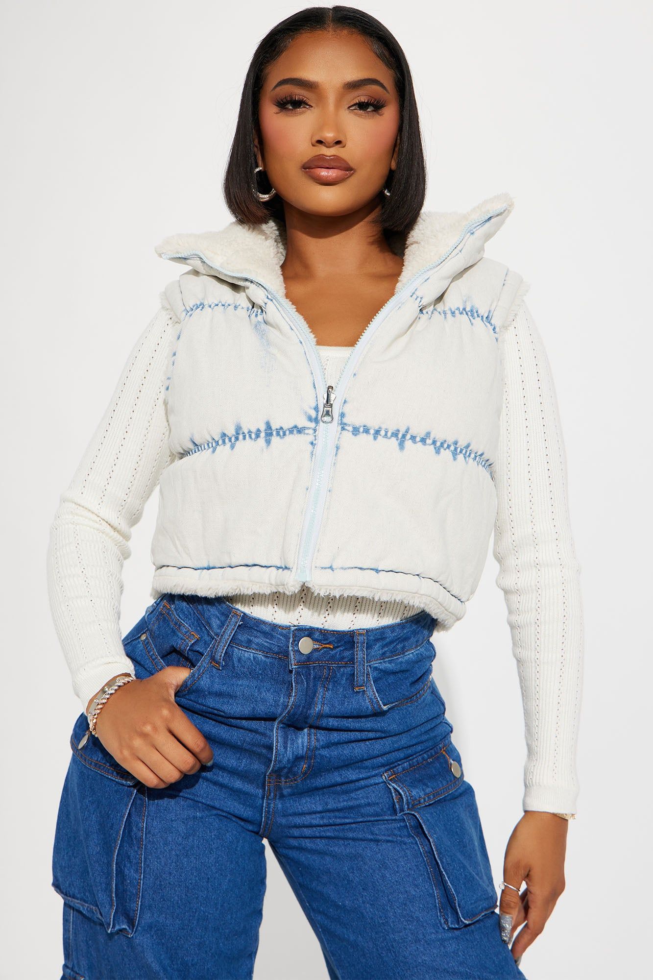 Brooklyn Baddie Sherpa Lined Denim Vest - Light Wash sold by Fashion Nova