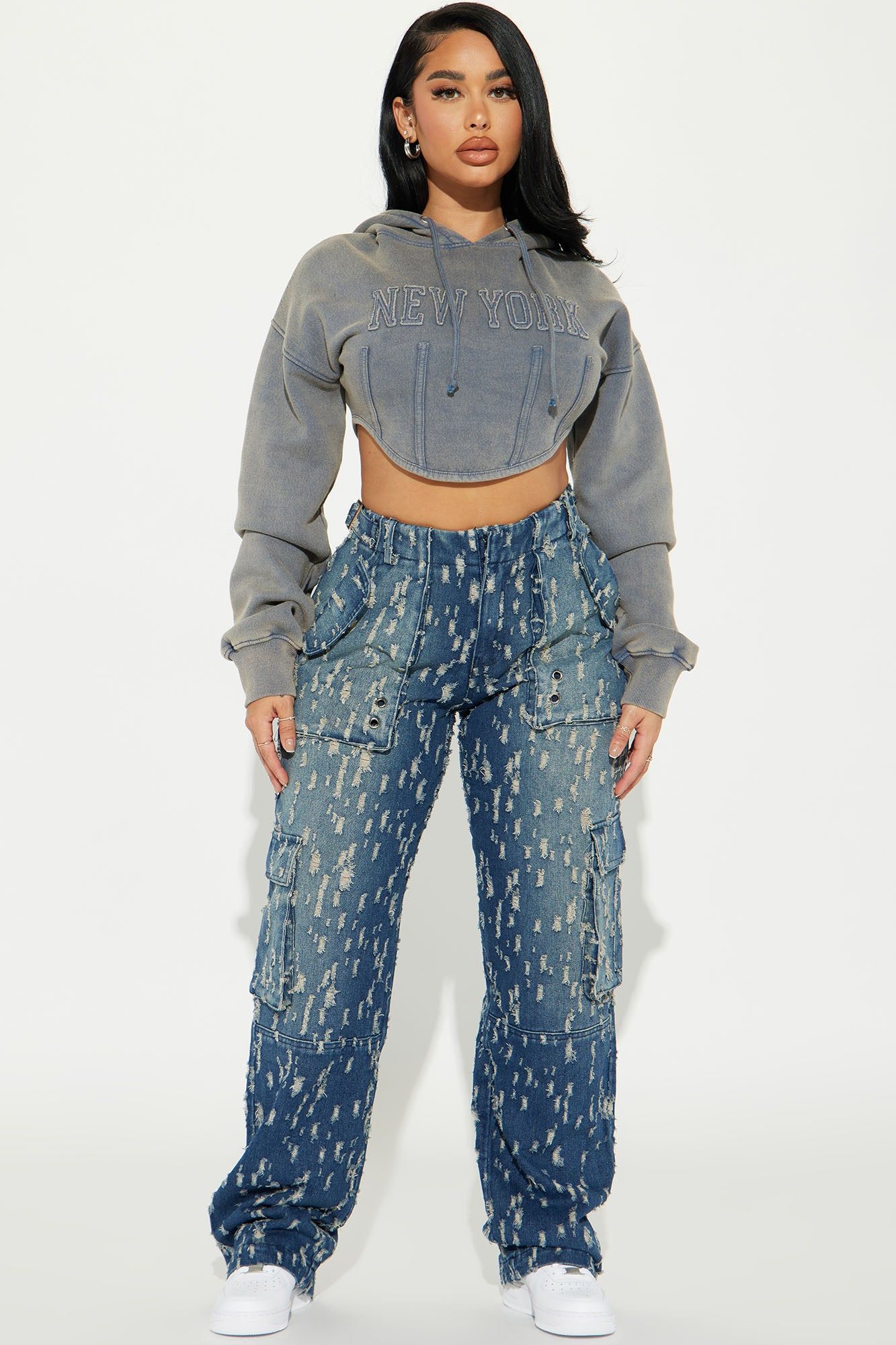 It Takes Two Tinted Cargo Jeans - Dark Wash sold by Fashion Nova
