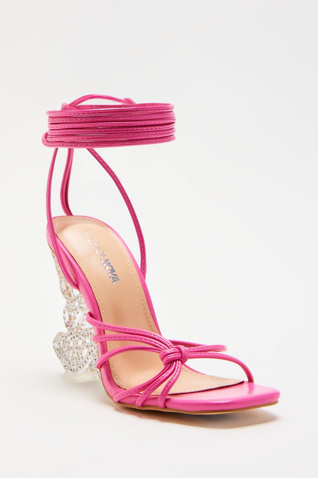 Fly Away With Me Embellished Wrap Up Heeled Sandals - Pink sold by Fashion Nova