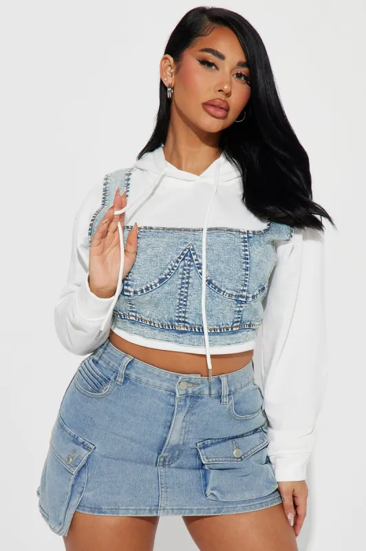 Denim Daze French Terry Hoodie - White/combo sold by Fashion Nova